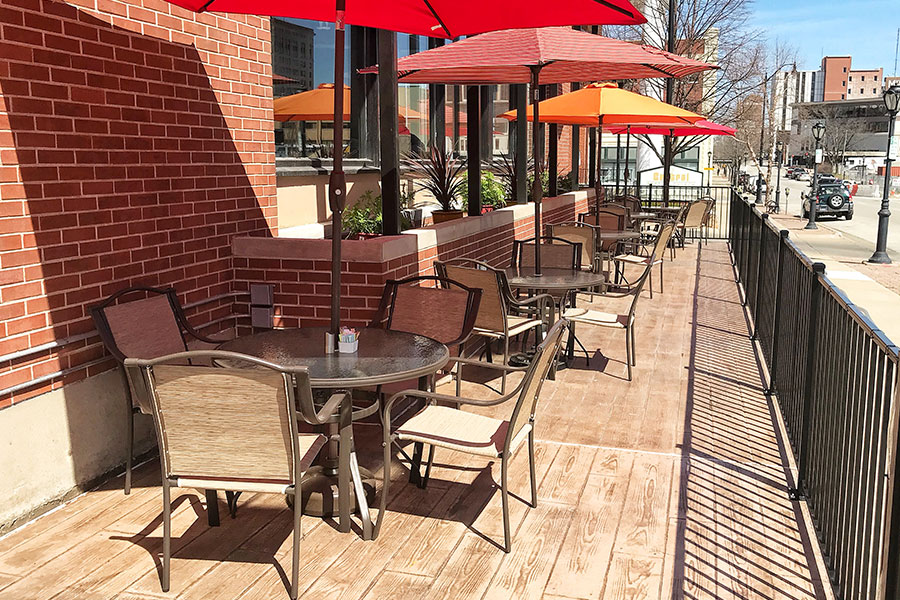 Outdoor patio seating at a small local restaurant in Springfield, Illinois.