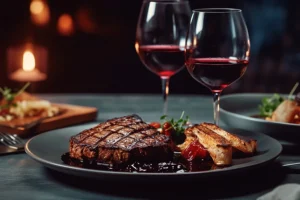 A beautiful plate of an expertly prepared steak dinner paired with a glass of red wine to complement the meal in this restaurant in Springfield, IL.